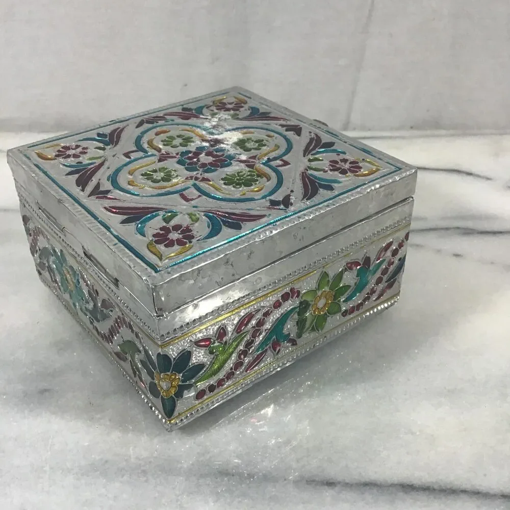 Vintage Style Meenakari Jewelry Box Reproduction Indian Metal Trinket
